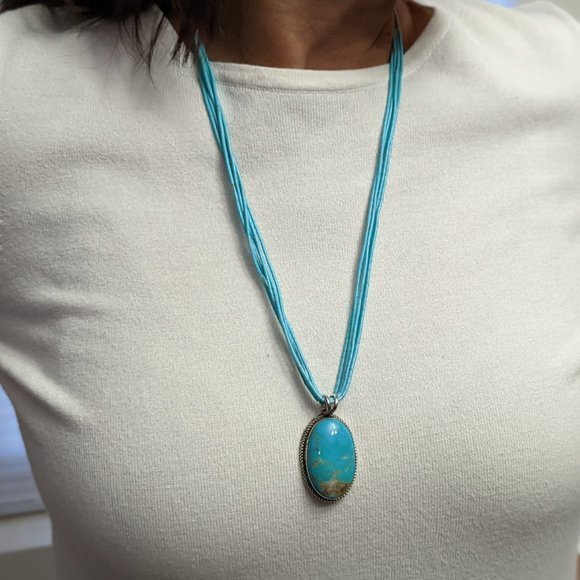 Navajo Mountain Pendant & Kingman Turquoise 5 Strands Necklace Heishi Jewelry*** - Picture 2 of 11